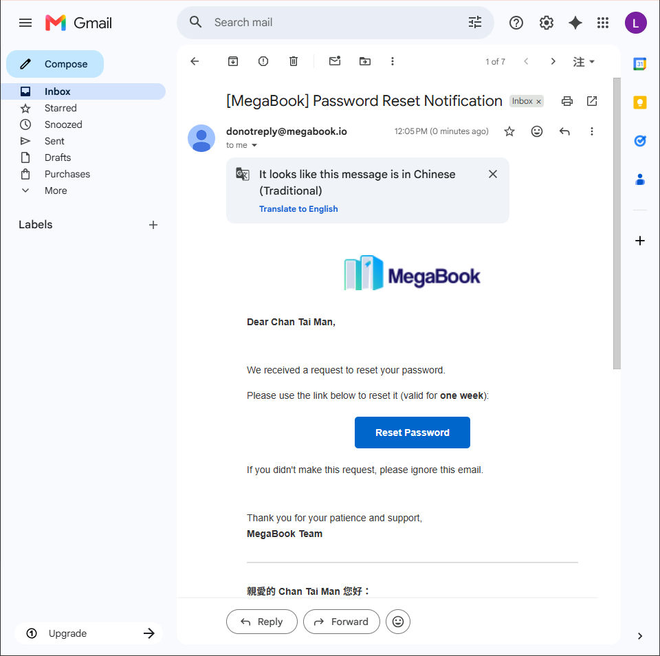 Password Reset Email Example
